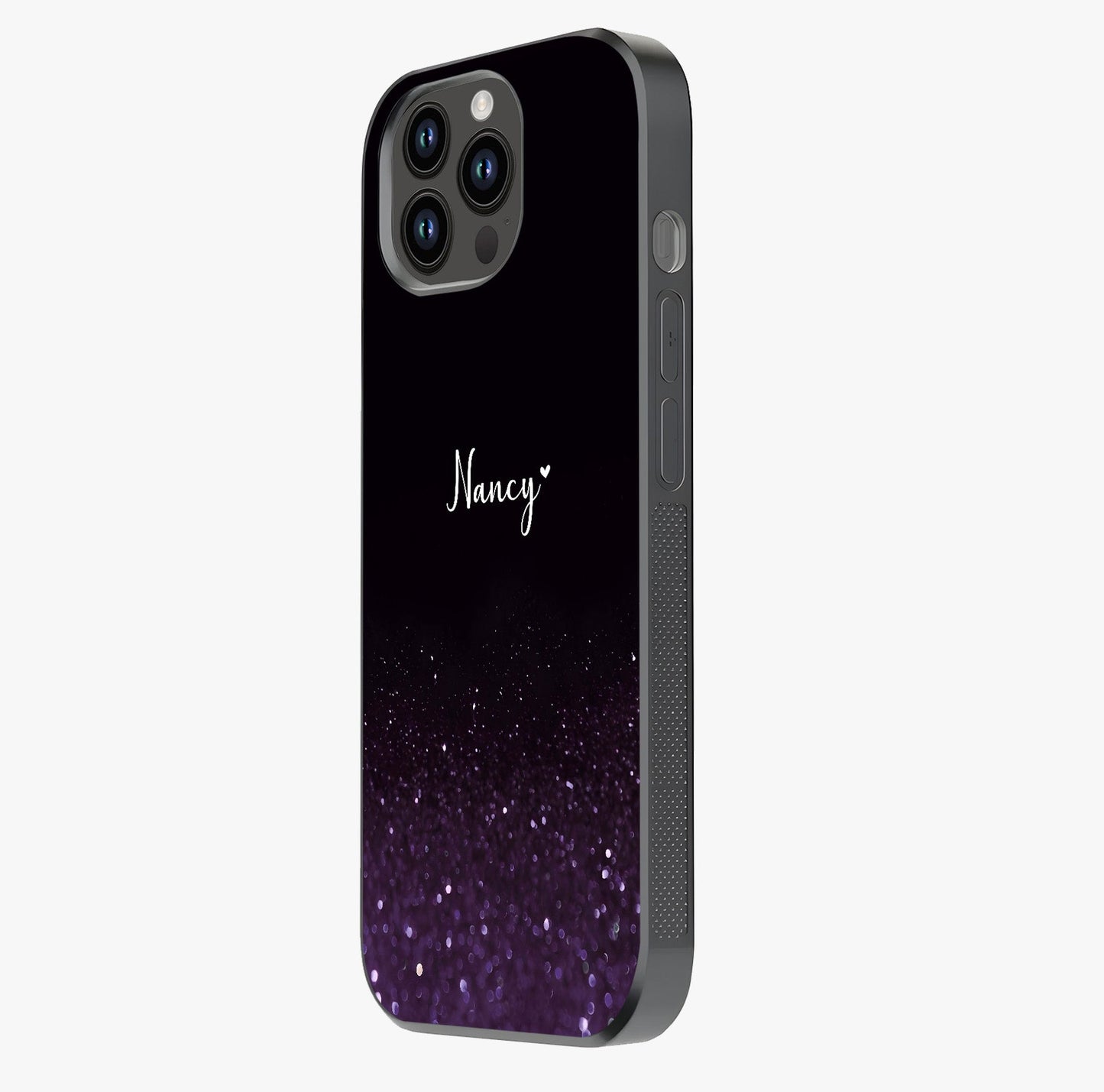 Glittery Purple Bokeh Custom Name Glass Case photographed in natural light showing reflective finish and design depth.