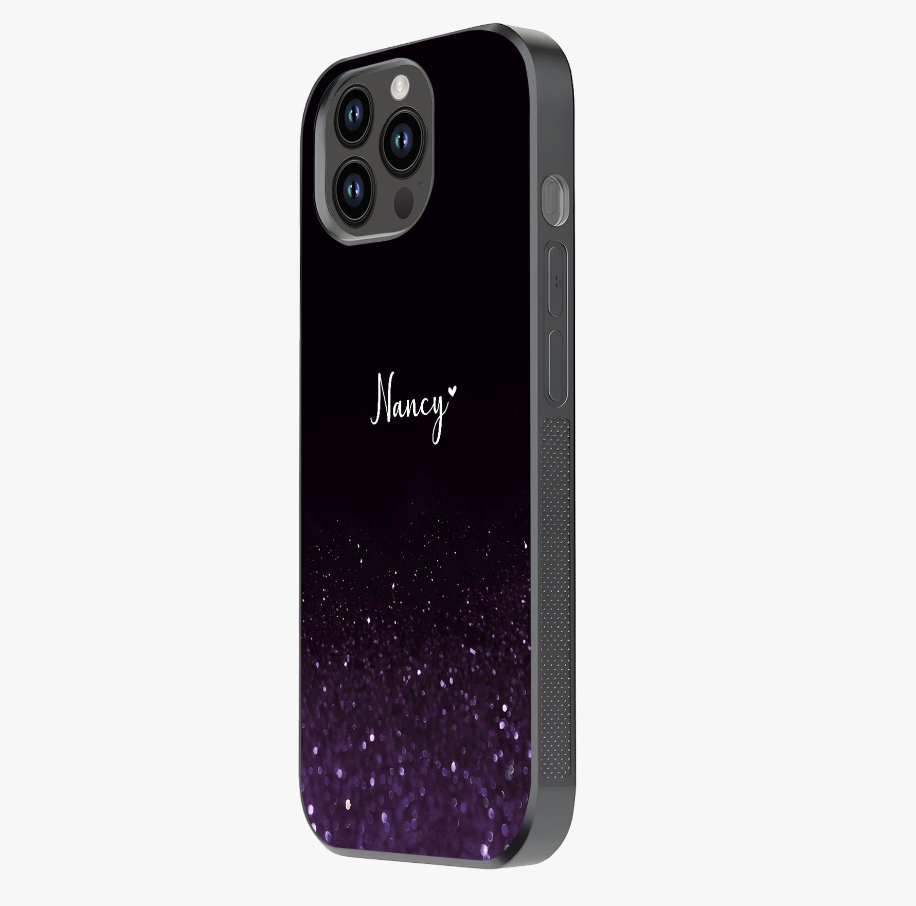 Glittery Purple Bokeh Custom Name Glass Case photographed in natural light showing reflective finish and design depth.