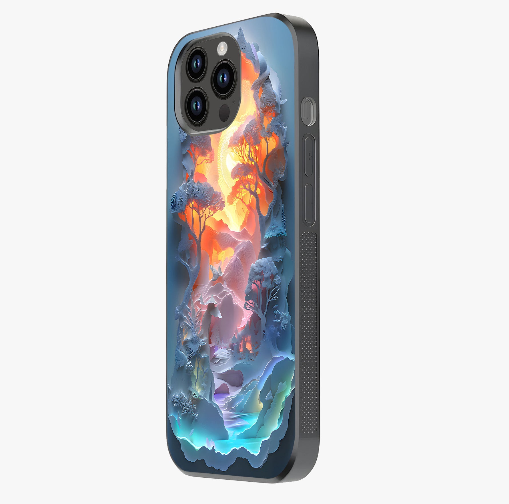 Glow Forest Portal Glass Case photographed in natural light showing reflective finish and design depth.