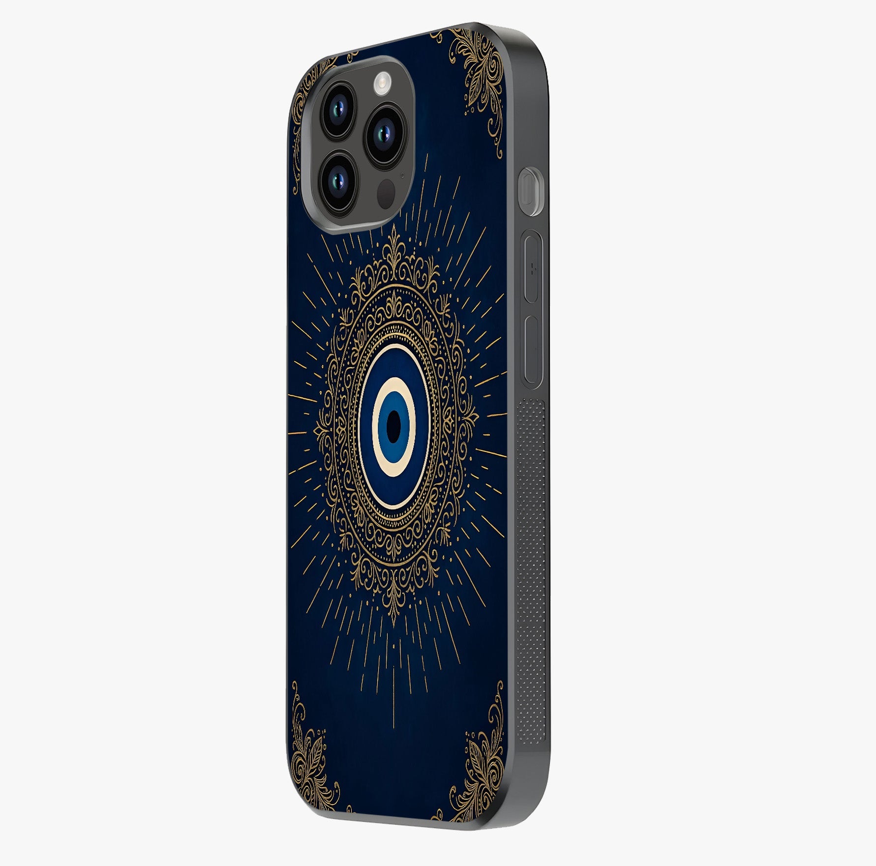 Golden Evil Eye Mandala Glass Case photographed in natural light showing reflective finish and design depth.