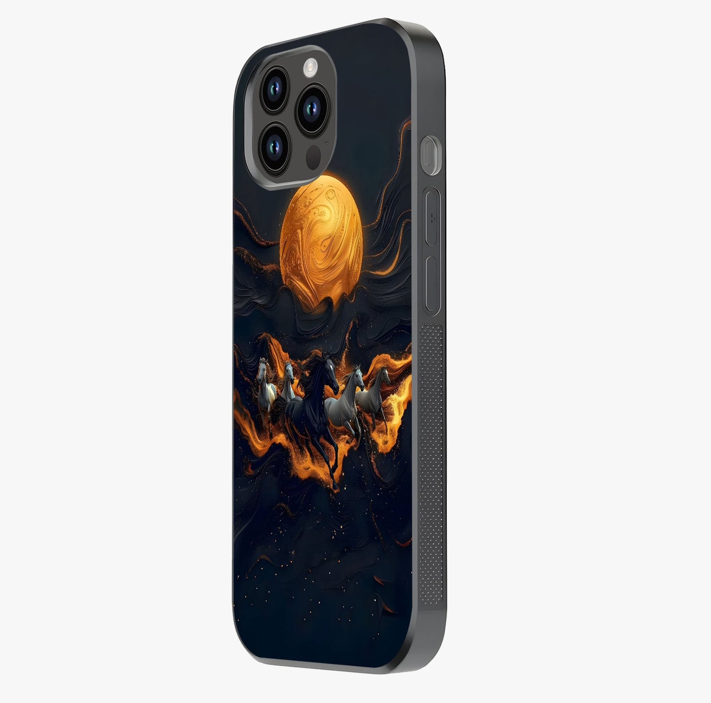 Golden Stallion Moonride Glass Case photographed in natural light showing reflective finish and design depth.