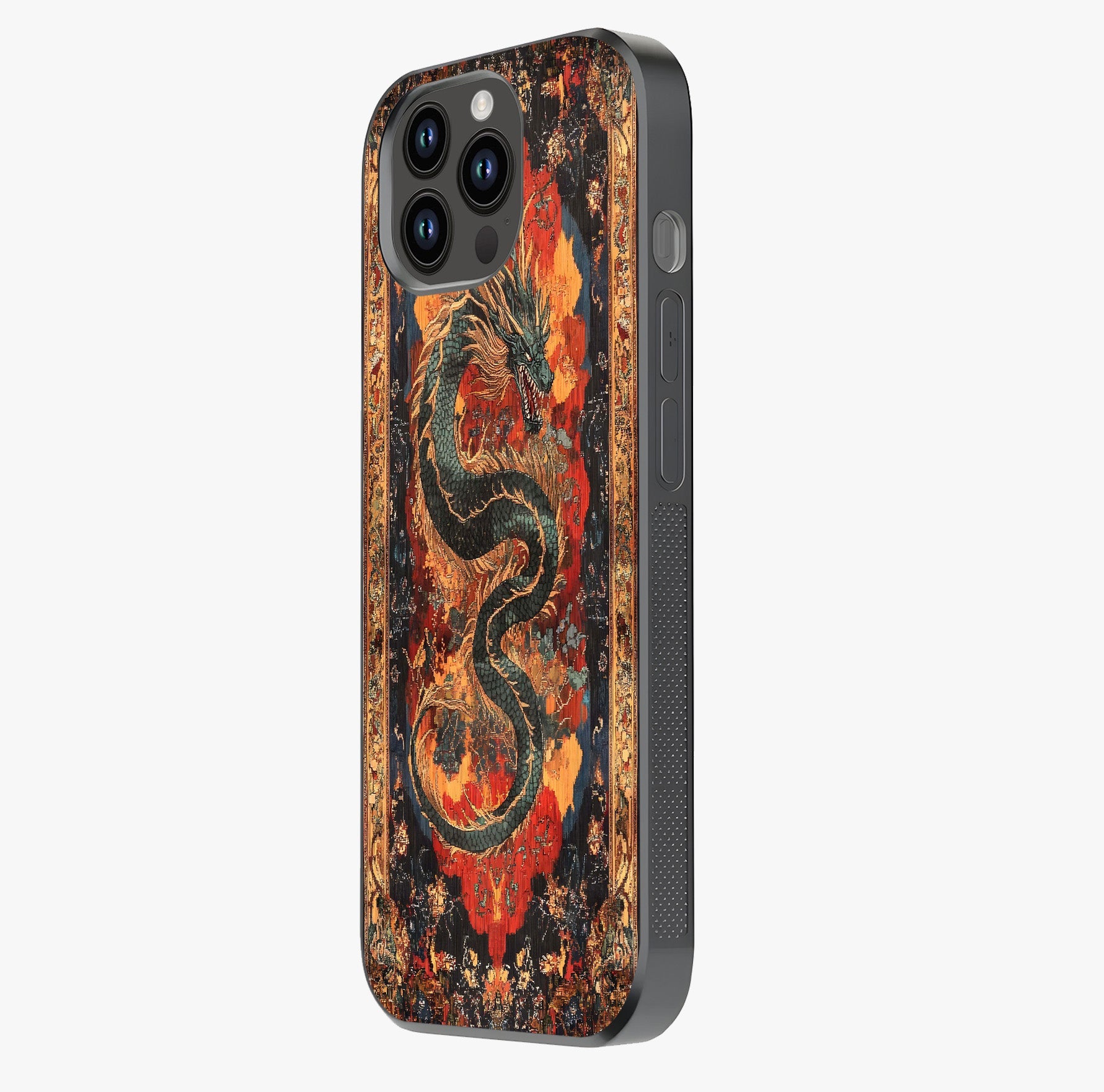 Inferno Dragon Soul Glass Case photographed in natural light showing reflective finish and design depth.