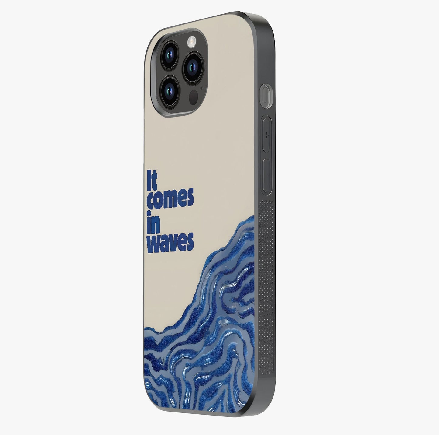 It Comes In Waves Quote Glass Case photographed in natural light showing reflective finish and design depth.