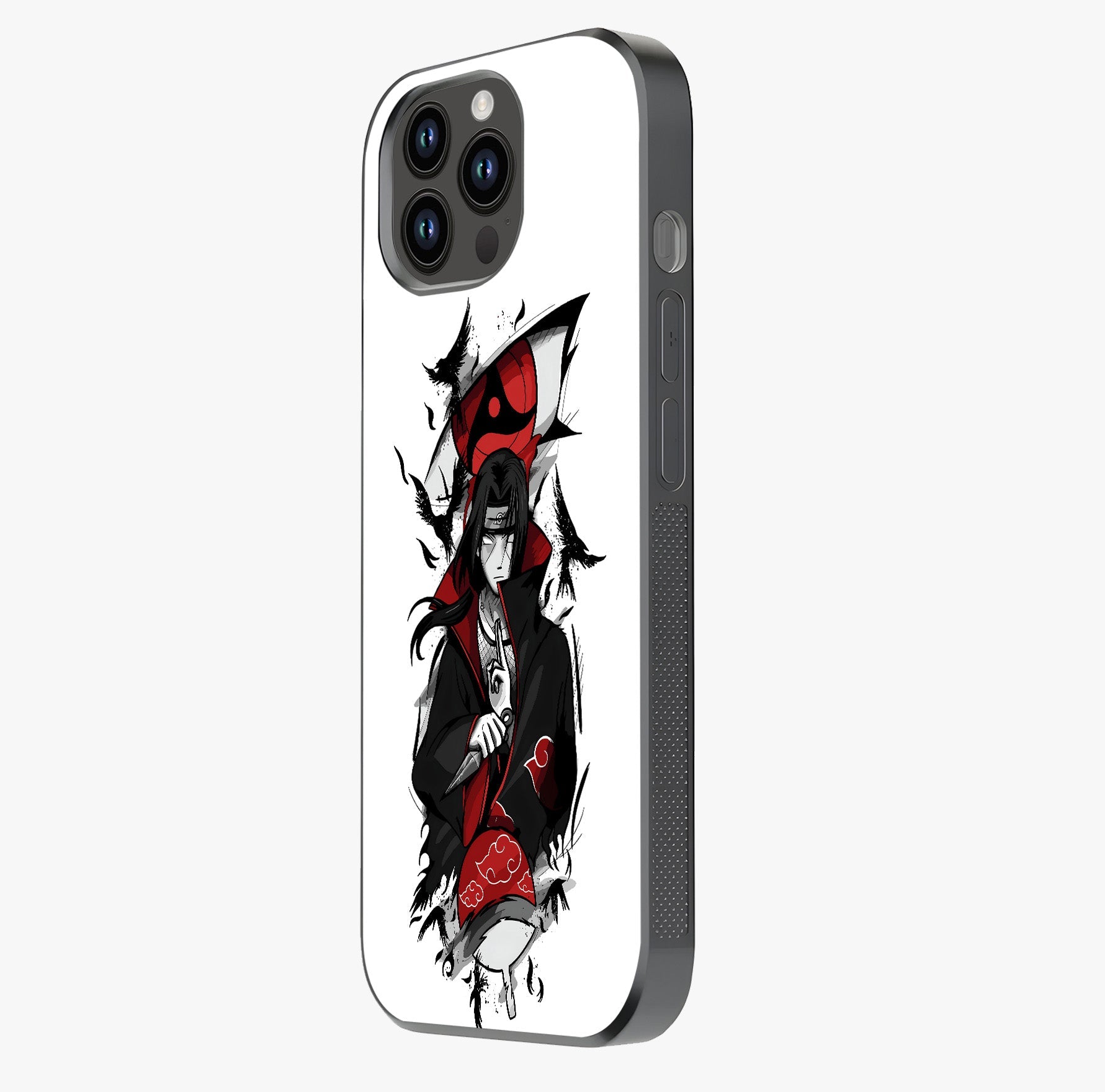 Itachi Sharingan Glass Case photographed in natural light showing reflective finish and design depth.