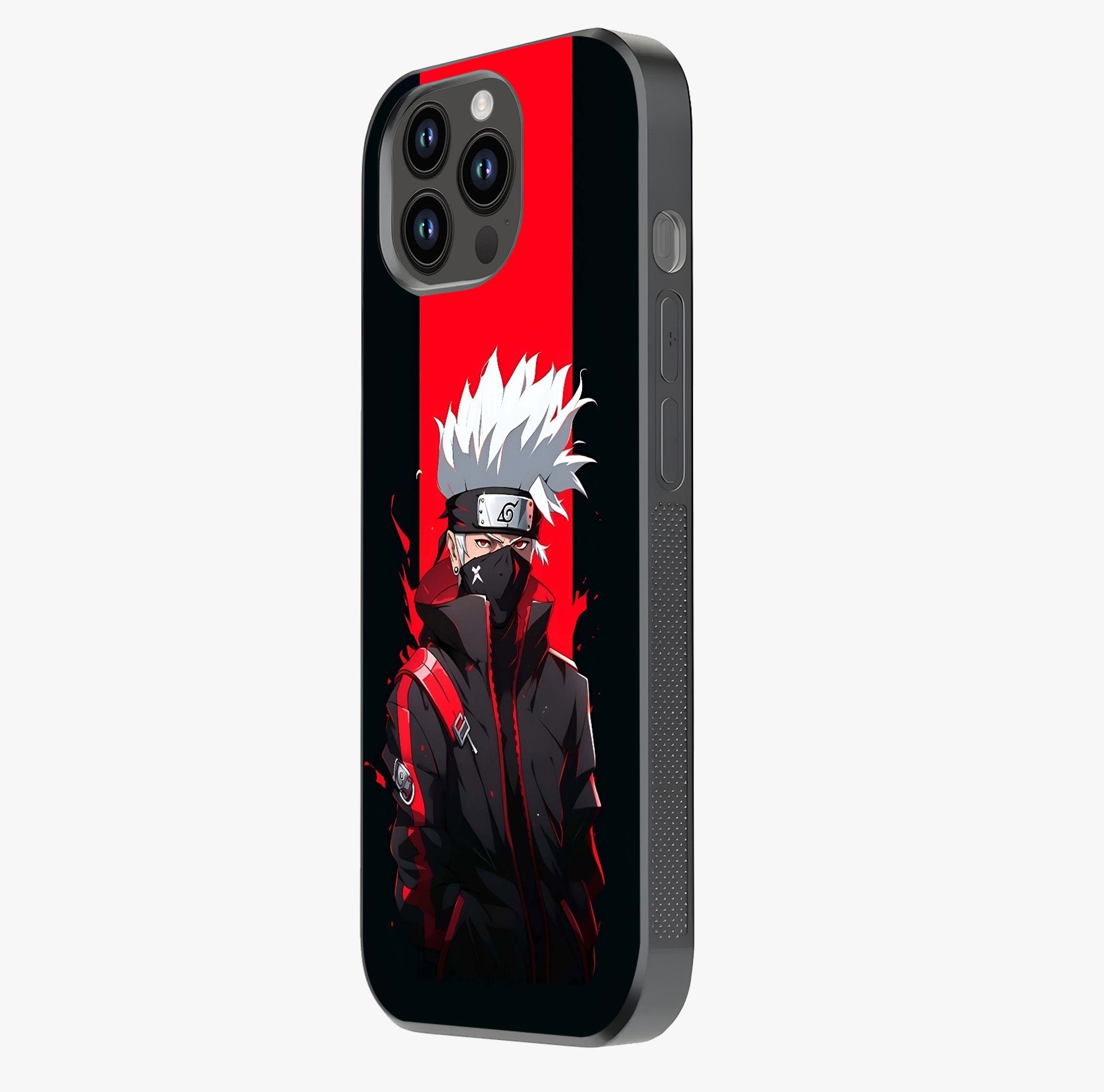 Kakashi Scarlet Shadow Glass Case photographed in natural light showing reflective finish and design depth.