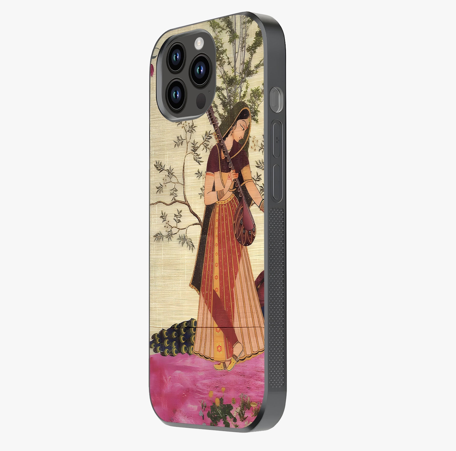 Lady With Veena Art Glass Case photographed in natural light showing reflective finish and design depth.