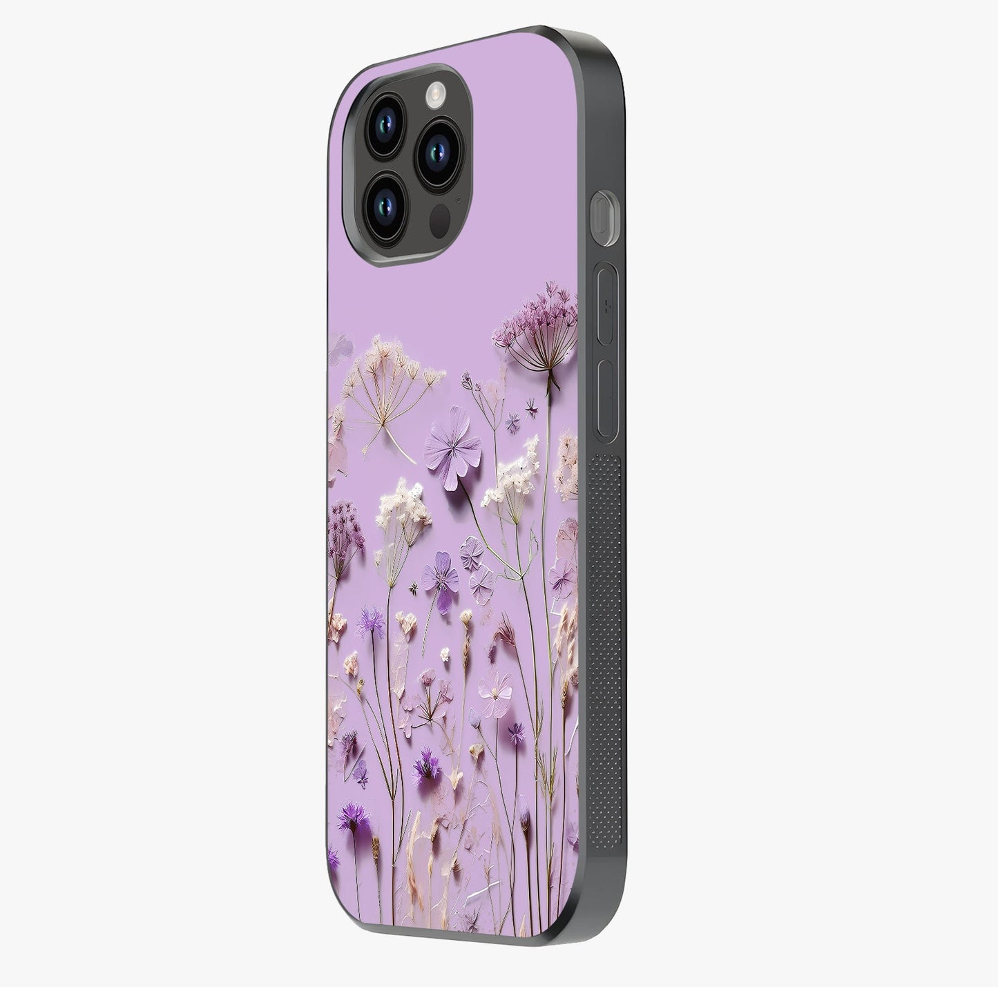 Lavender Blossom Dream Glass Case photographed in natural light showing reflective finish and design depth.