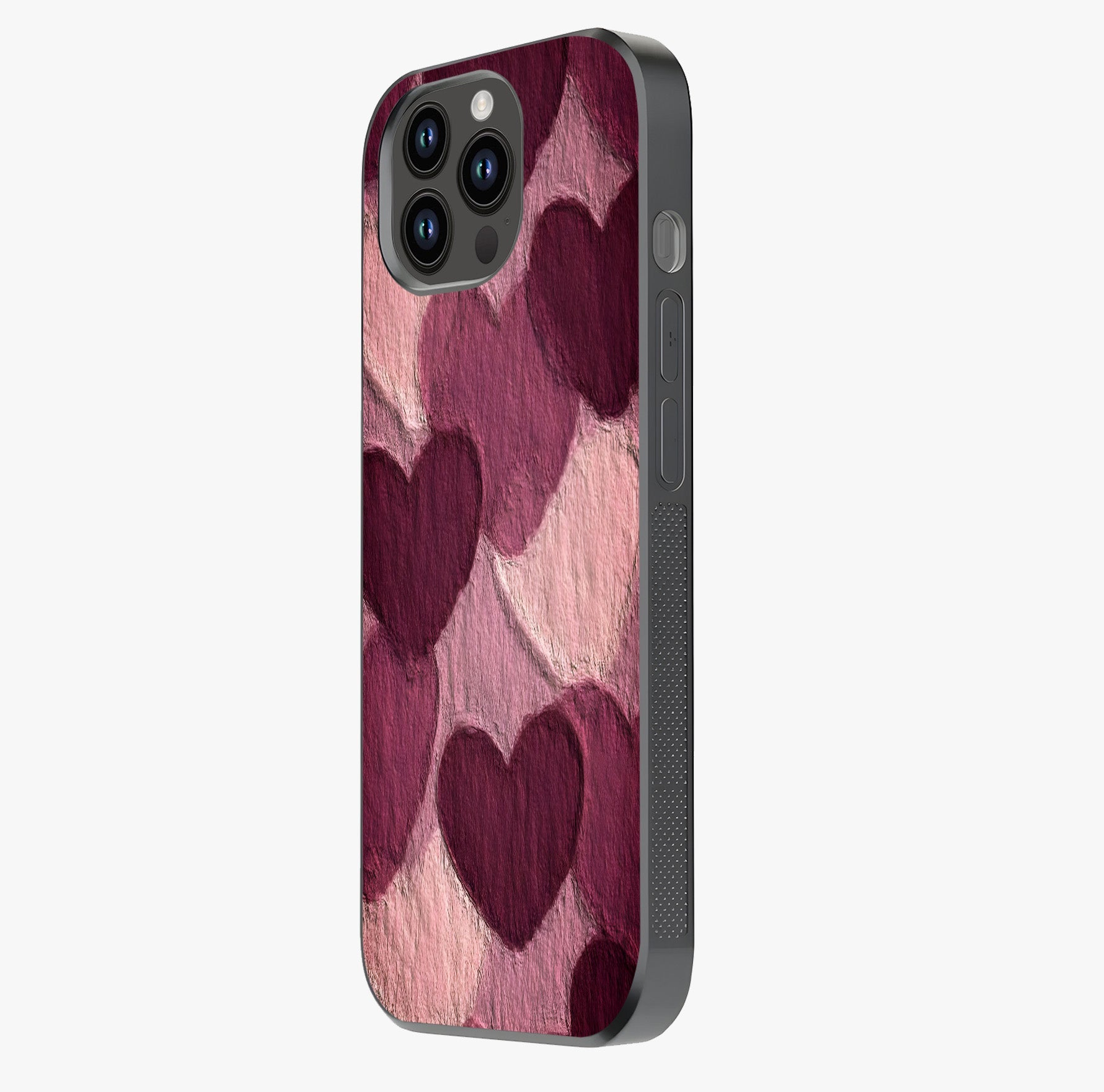 Layered Paper Hearts Glass Case photographed in natural light showing reflective finish and design depth.