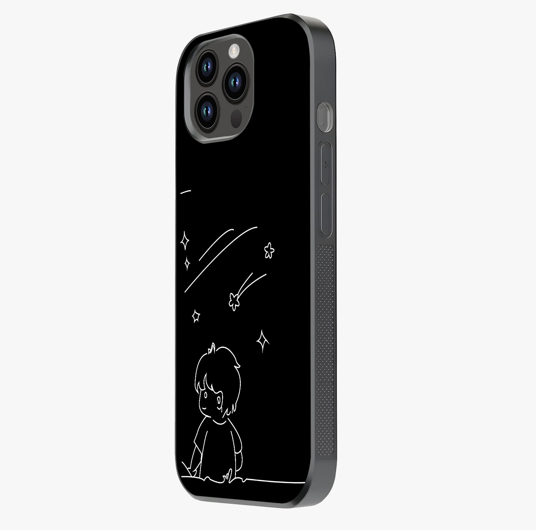 Line Art Boy With Shooting Stars Glass Case photographed in natural light showing reflective finish and design depth.