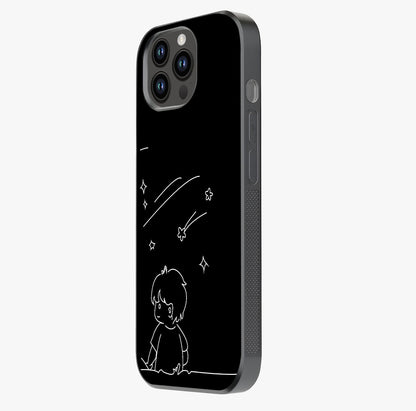 Line Art Boy With Shooting Stars Glass Case photographed in natural light showing reflective finish and design depth.