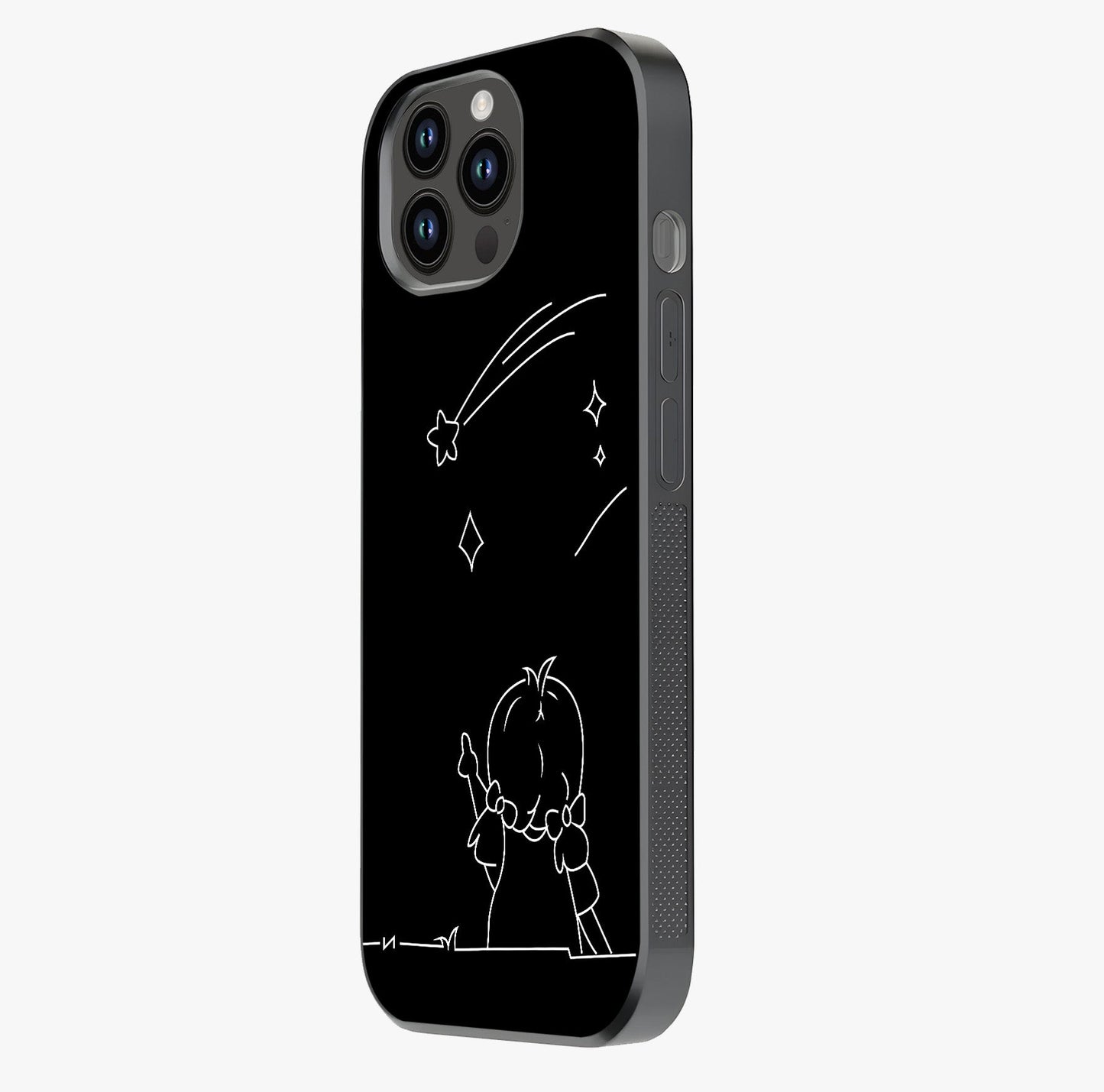 Line Art Girl With Shooting Stars Glass Case photographed in natural light showing reflective finish and design depth.