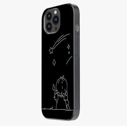 Line Art Girl With Shooting Stars Glass Case photographed in natural light showing reflective finish and design depth.