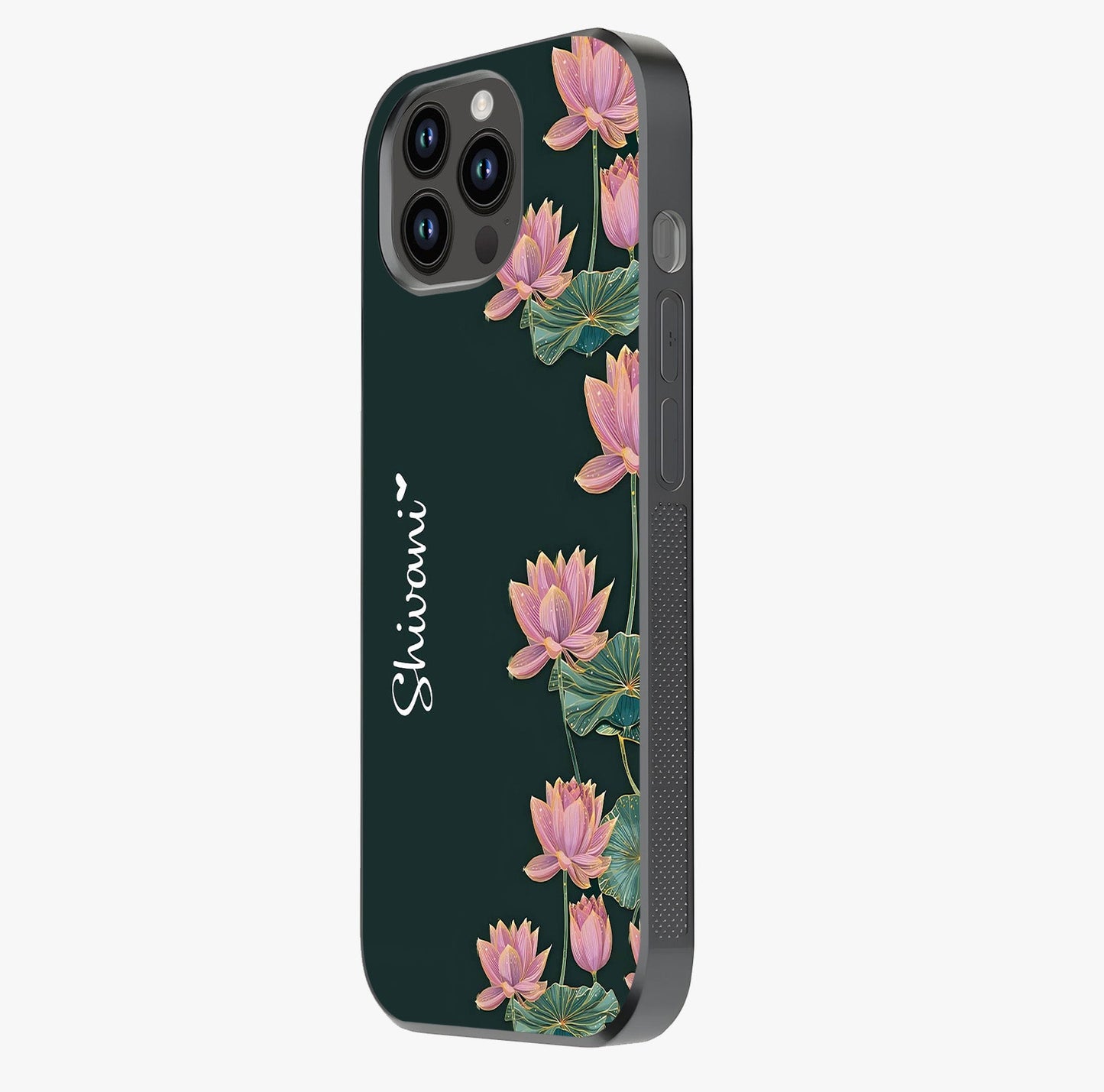 Lotus Bloom Serenity Custom Name Glass Case photographed in natural light showing reflective finish and design depth.