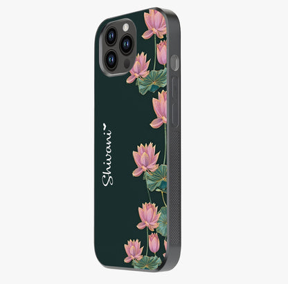 Lotus Bloom Serenity Custom Name Glass Case photographed in natural light showing reflective finish and design depth.