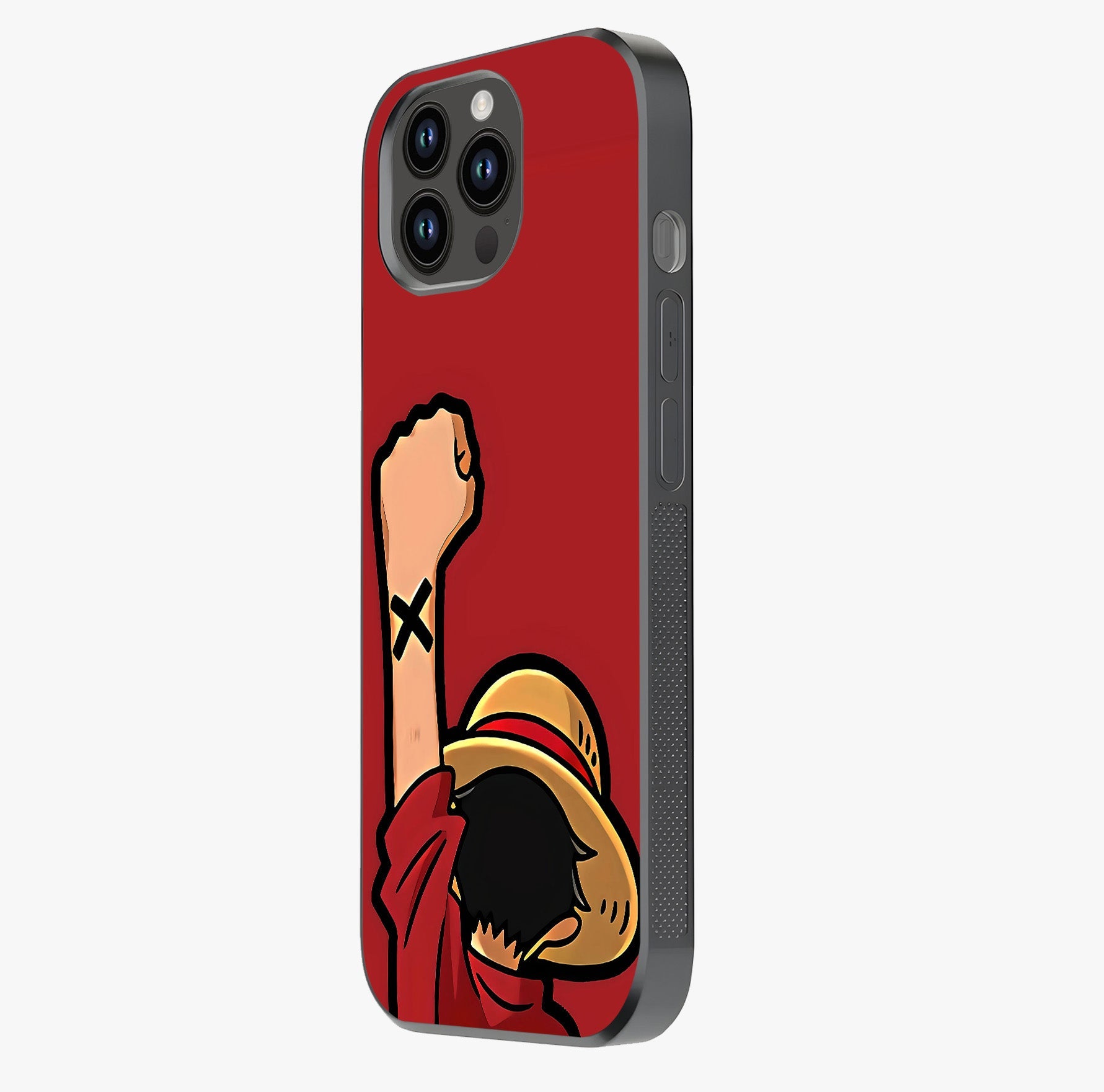 Luffy X Spirit Glass Case photographed in natural light showing reflective finish and design depth.