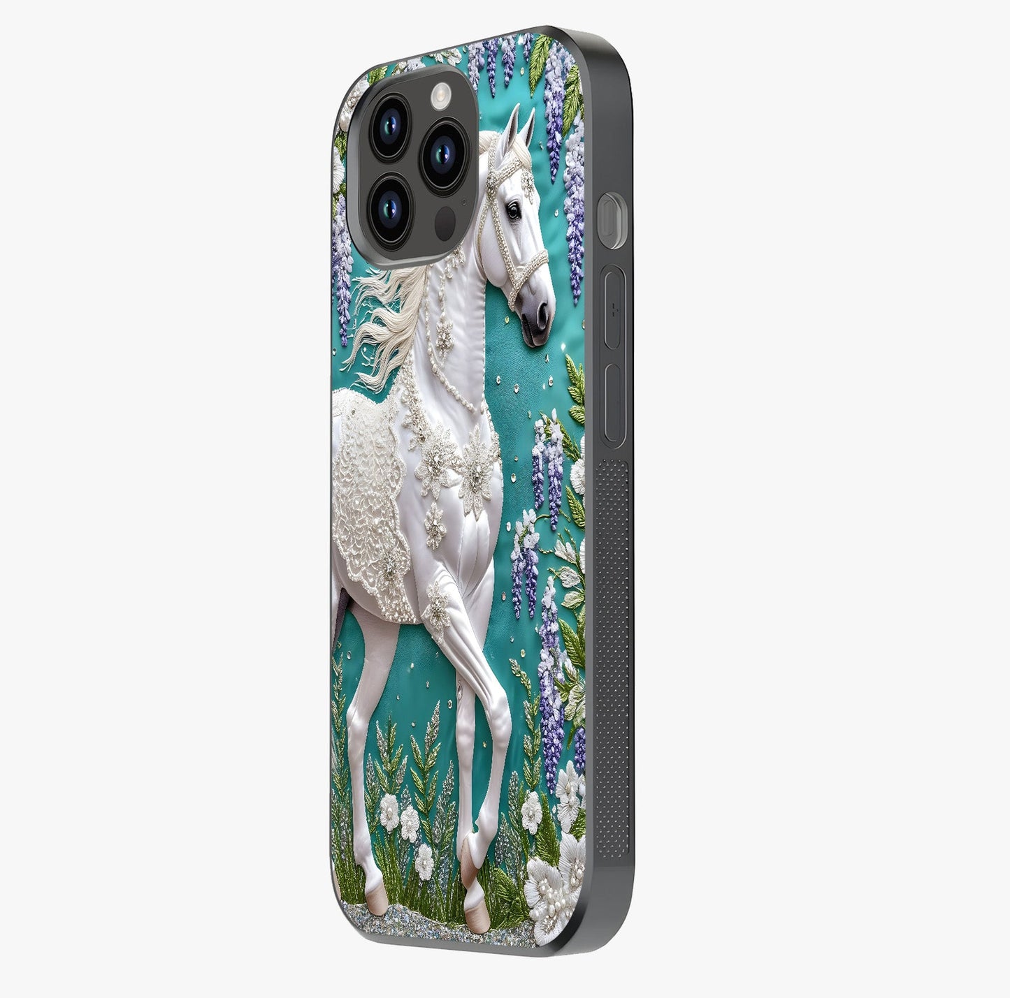 Majestic Floral Stallion Glass Case photographed in natural light showing reflective finish and design depth.