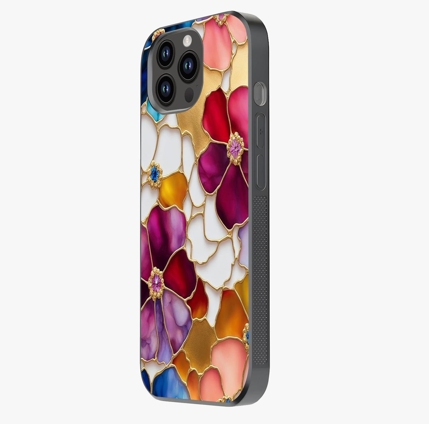 Marble Flower Pattern Glass Case photographed in natural light showing reflective finish and design depth.