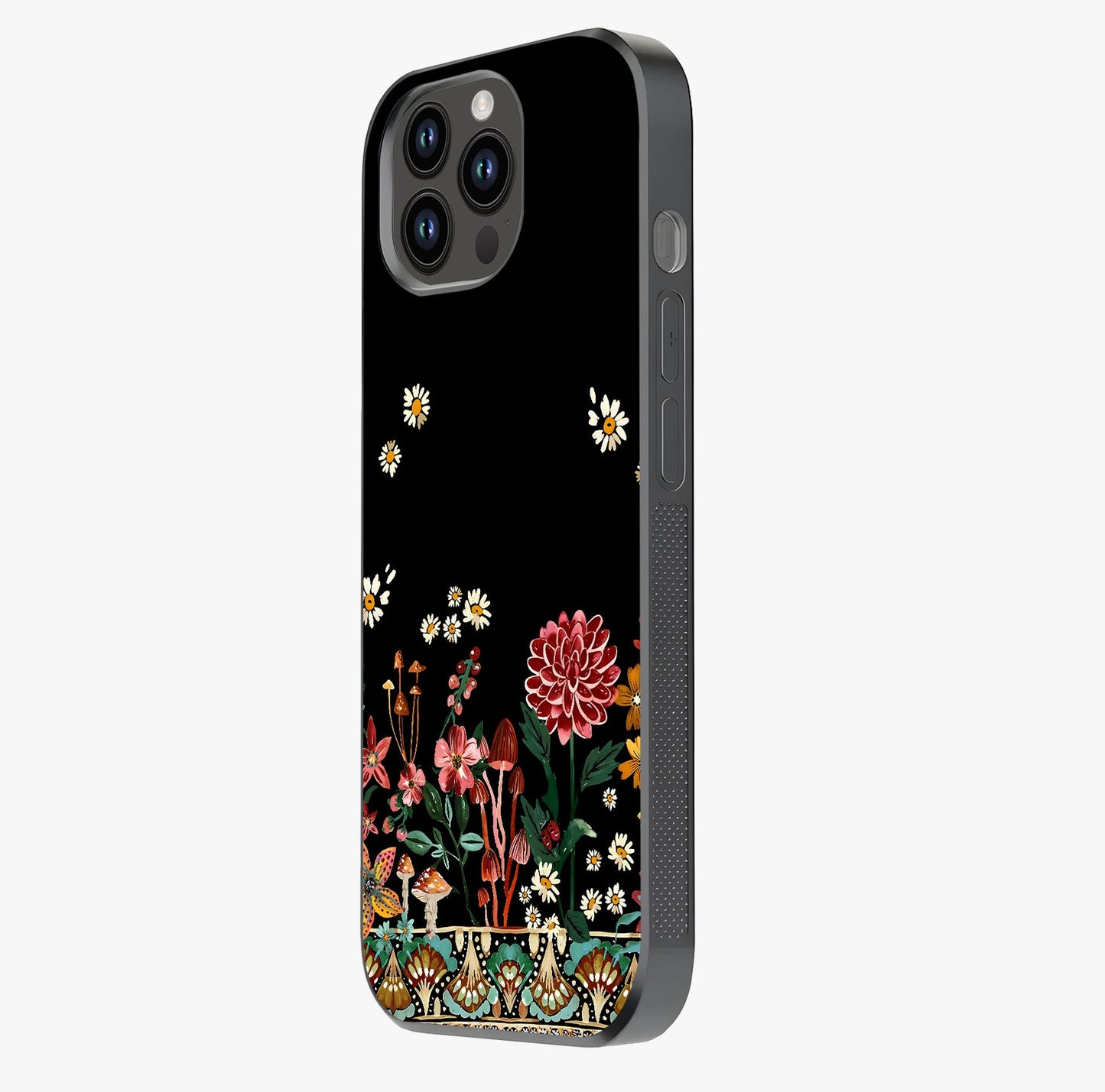 Midnight Bloom Pattern Glass Case photographed in natural light showing reflective finish and design depth.
