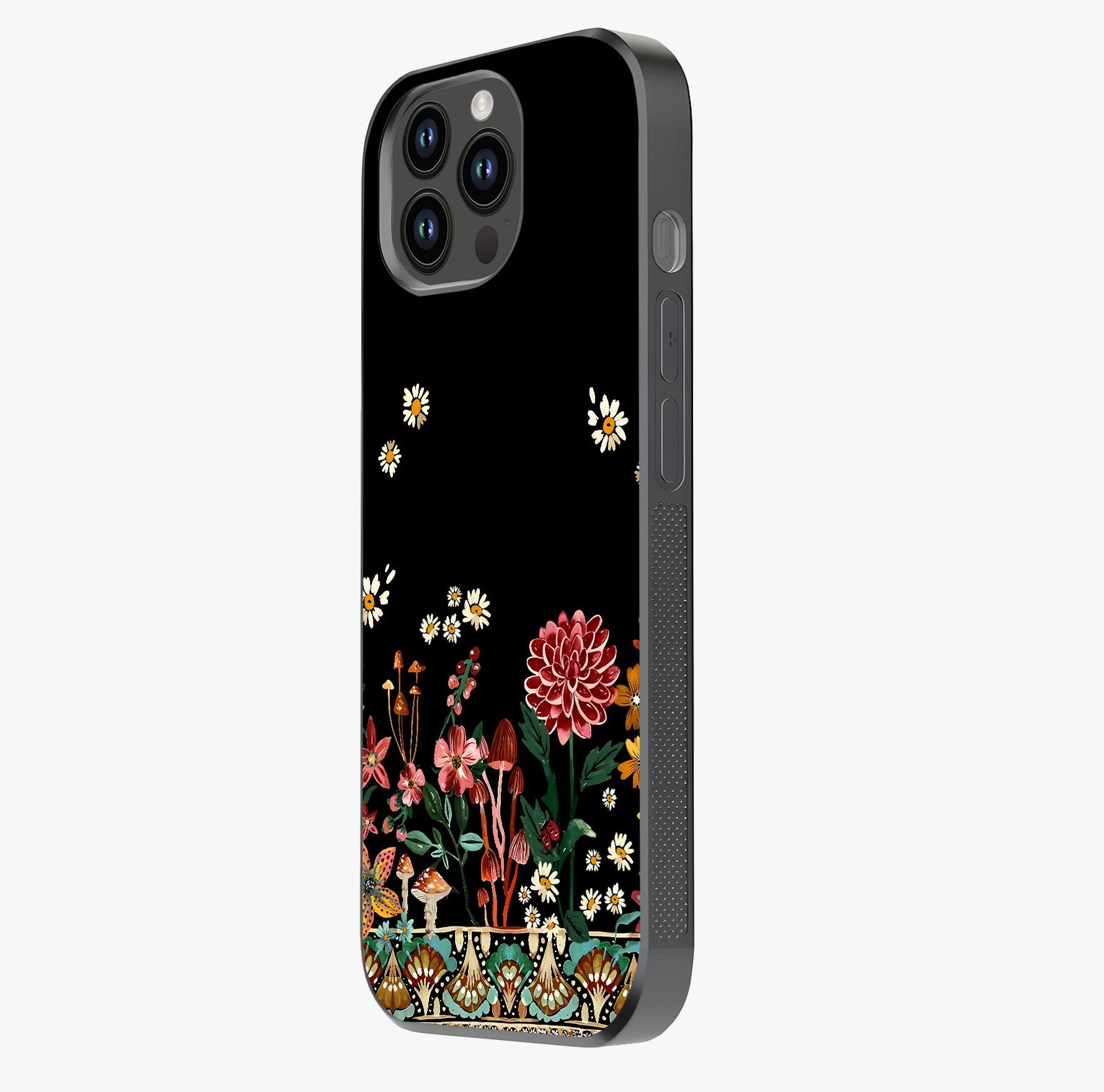 Midnight Bloom Pattern Glass Case photographed in natural light showing reflective finish and design depth.