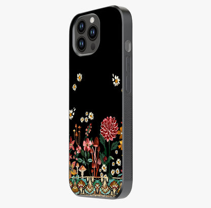 Midnight Bloom Pattern Glass Case photographed in natural light showing reflective finish and design depth.