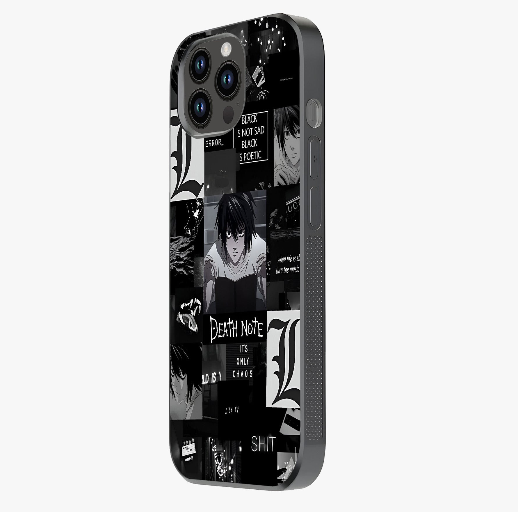 Midnight Chaos Mind Glass Case photographed in natural light showing reflective finish and design depth.