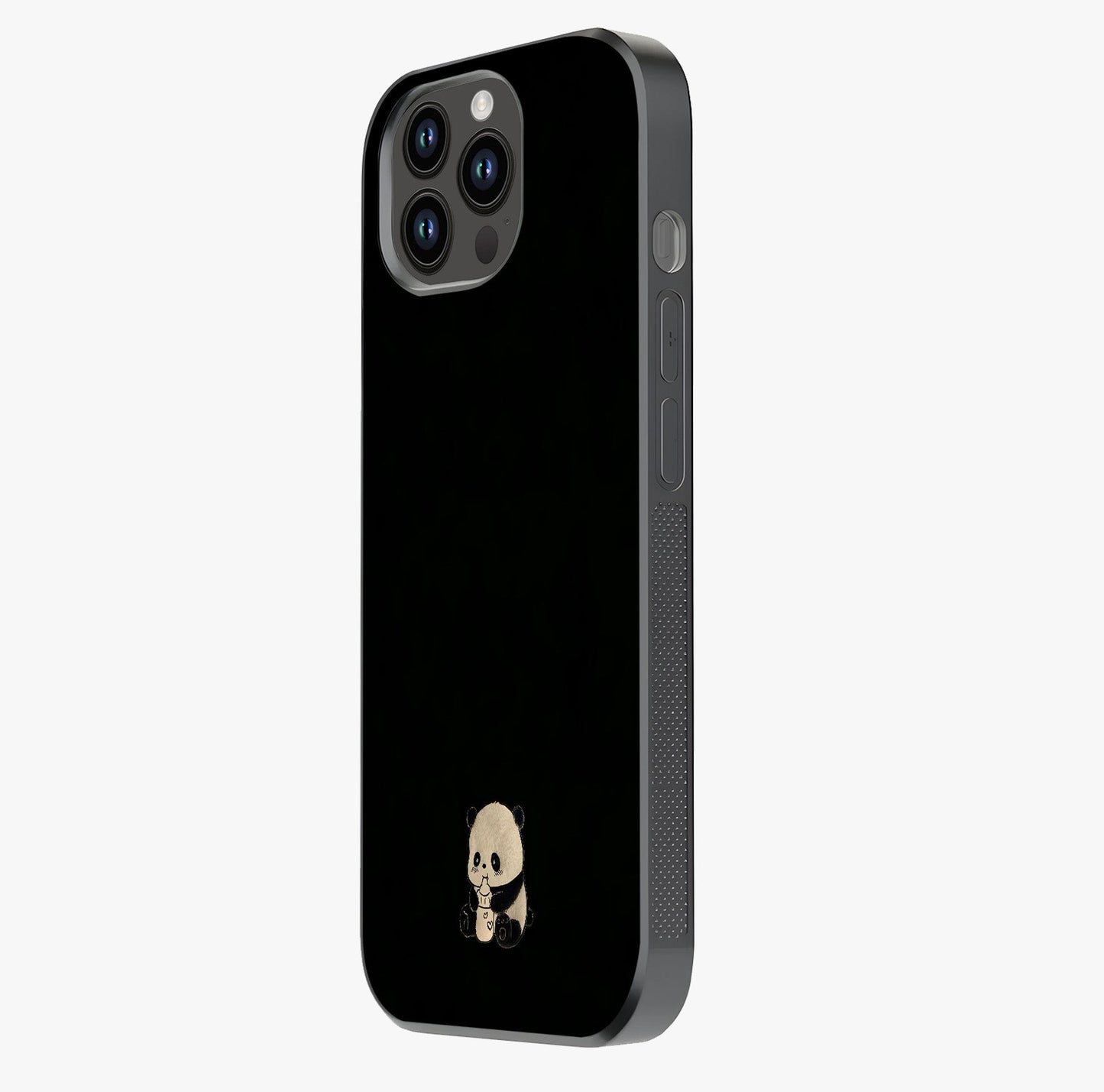 Midnight Panda Love Glass Case photographed in natural light showing reflective finish and design depth.
