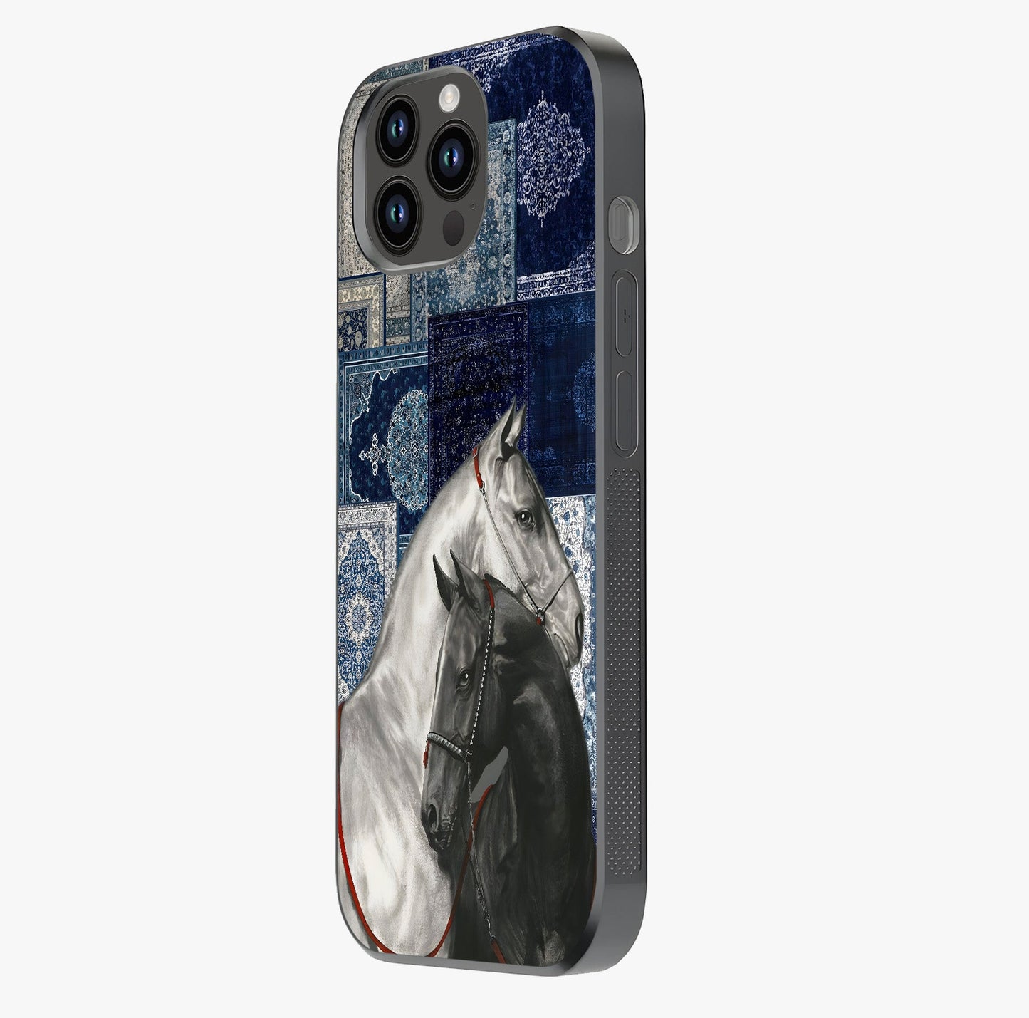 Midnight Stallion Blues Glass Case photographed in natural light showing reflective finish and design depth.