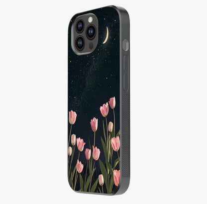 Midnight Tulip Whispers Vibe Glass Case photographed in natural light showing reflective finish and design depth.