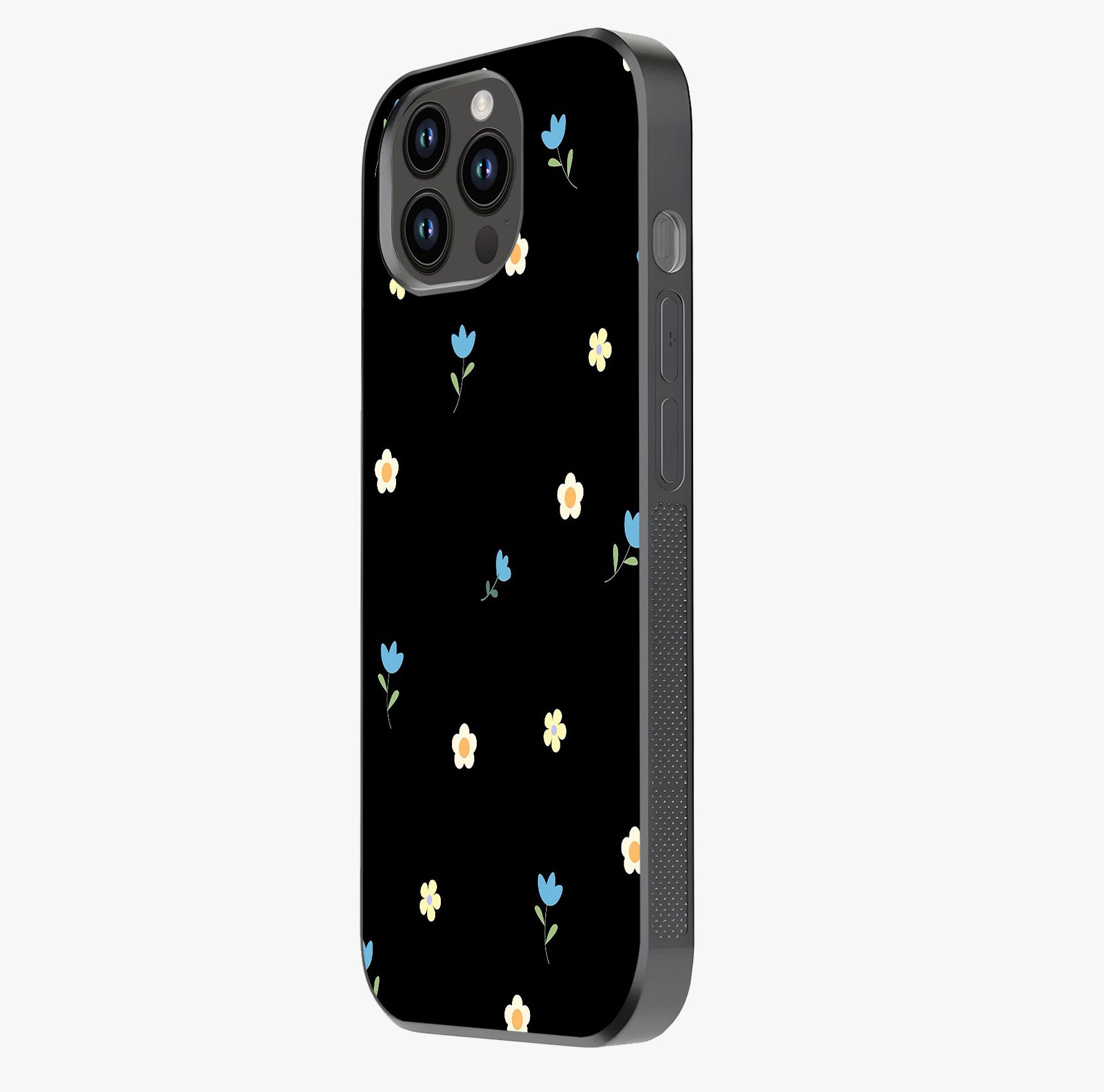 Minimalistic Blue With White Flower Pattern Glass Case photographed in natural light showing reflective finish and design depth.