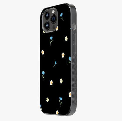 Minimalistic Blue With White Flower Pattern Glass Case photographed in natural light showing reflective finish and design depth.
