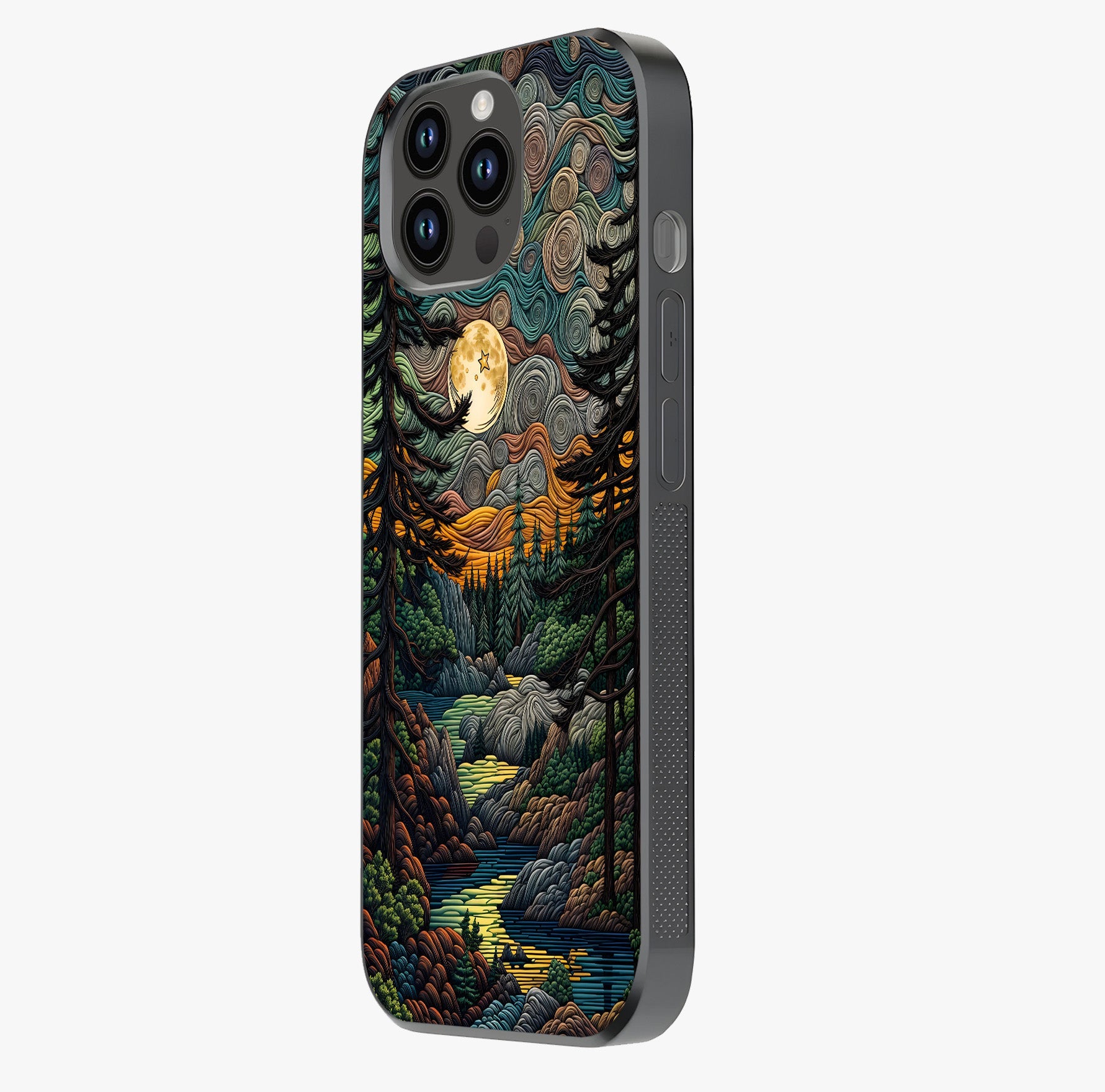 Moonlight Forest Dream Glass Case photographed in natural light showing reflective finish and design depth.