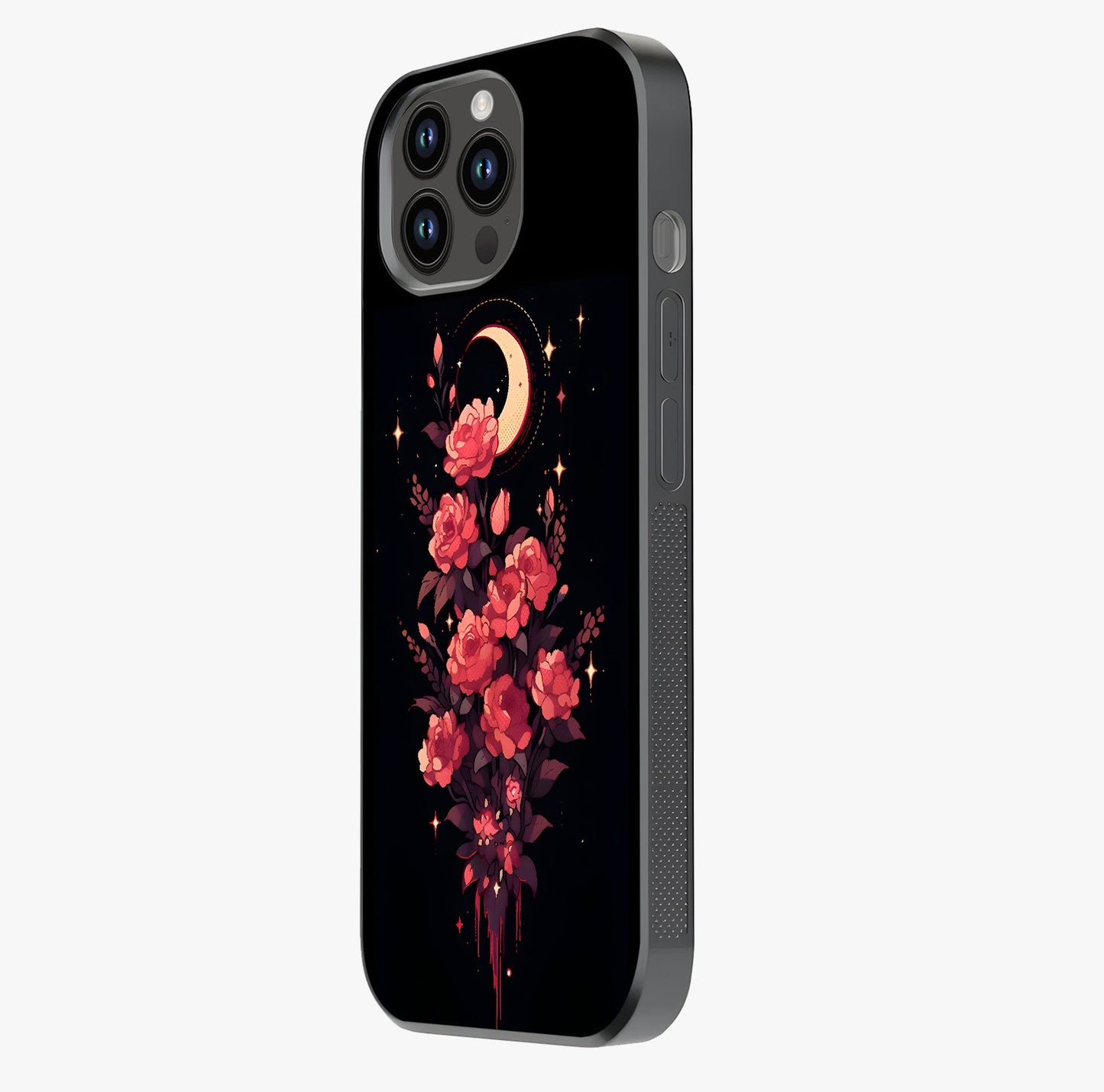 Moonlit Floral Elegance Glass Case photographed in natural light showing reflective finish and design depth.