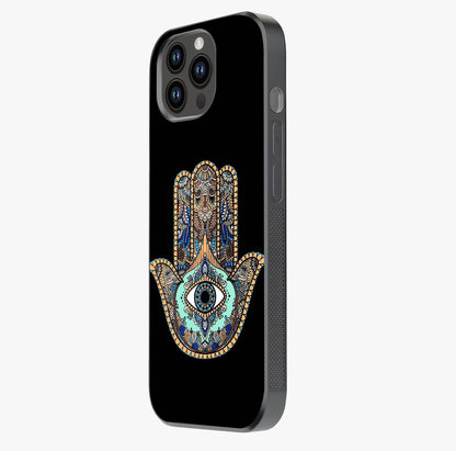 Mystic Hamsa Eye Glass Case photographed in natural light showing reflective finish and design depth.