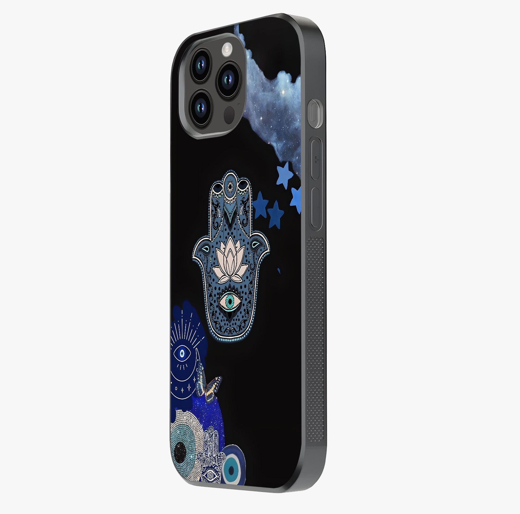 Mystic Hand Aura Glass Case photographed in natural light showing reflective finish and design depth.