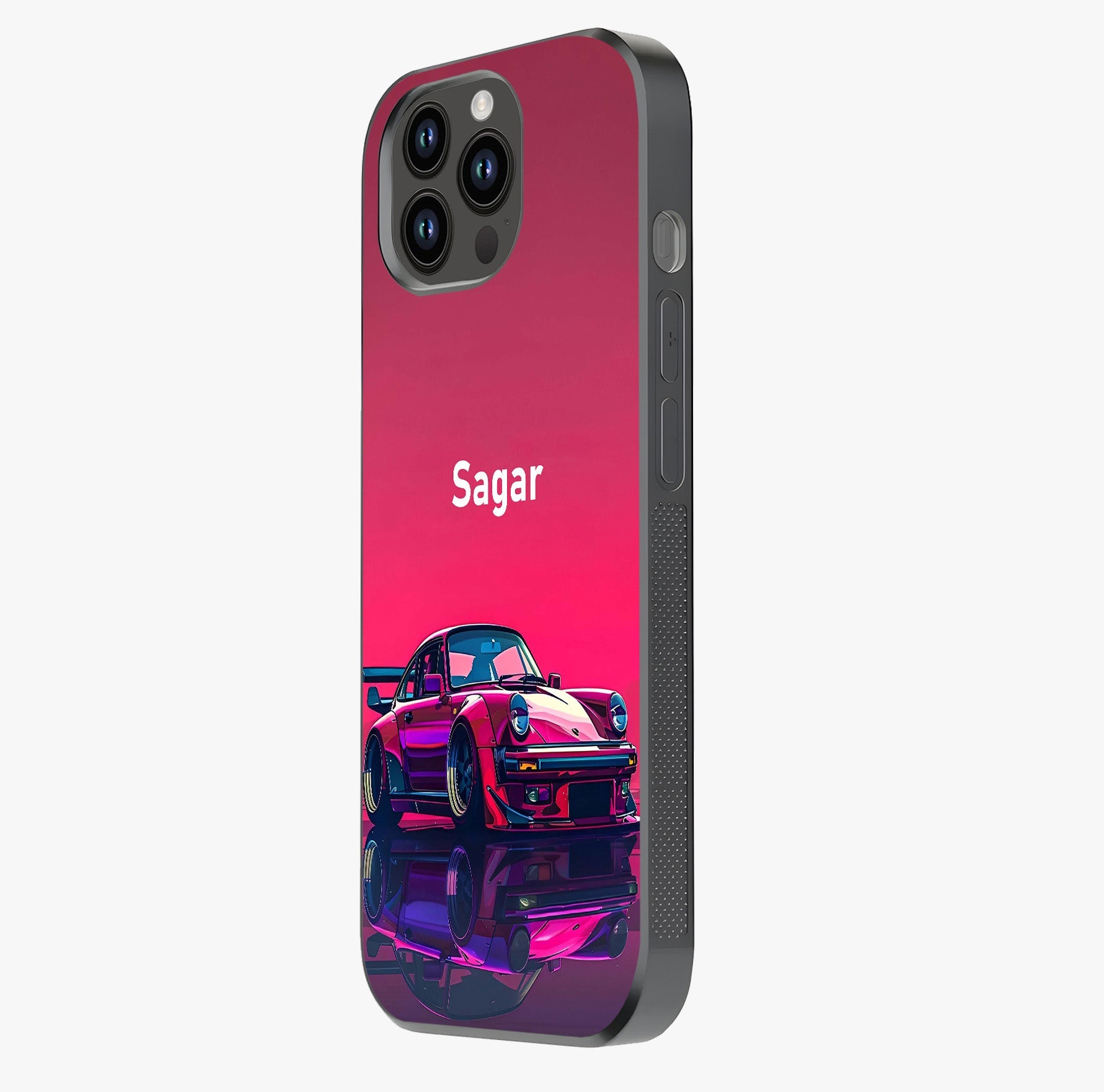 Neon Pink Porsche Glass Case photographed in natural light showing reflective finish and design depth.