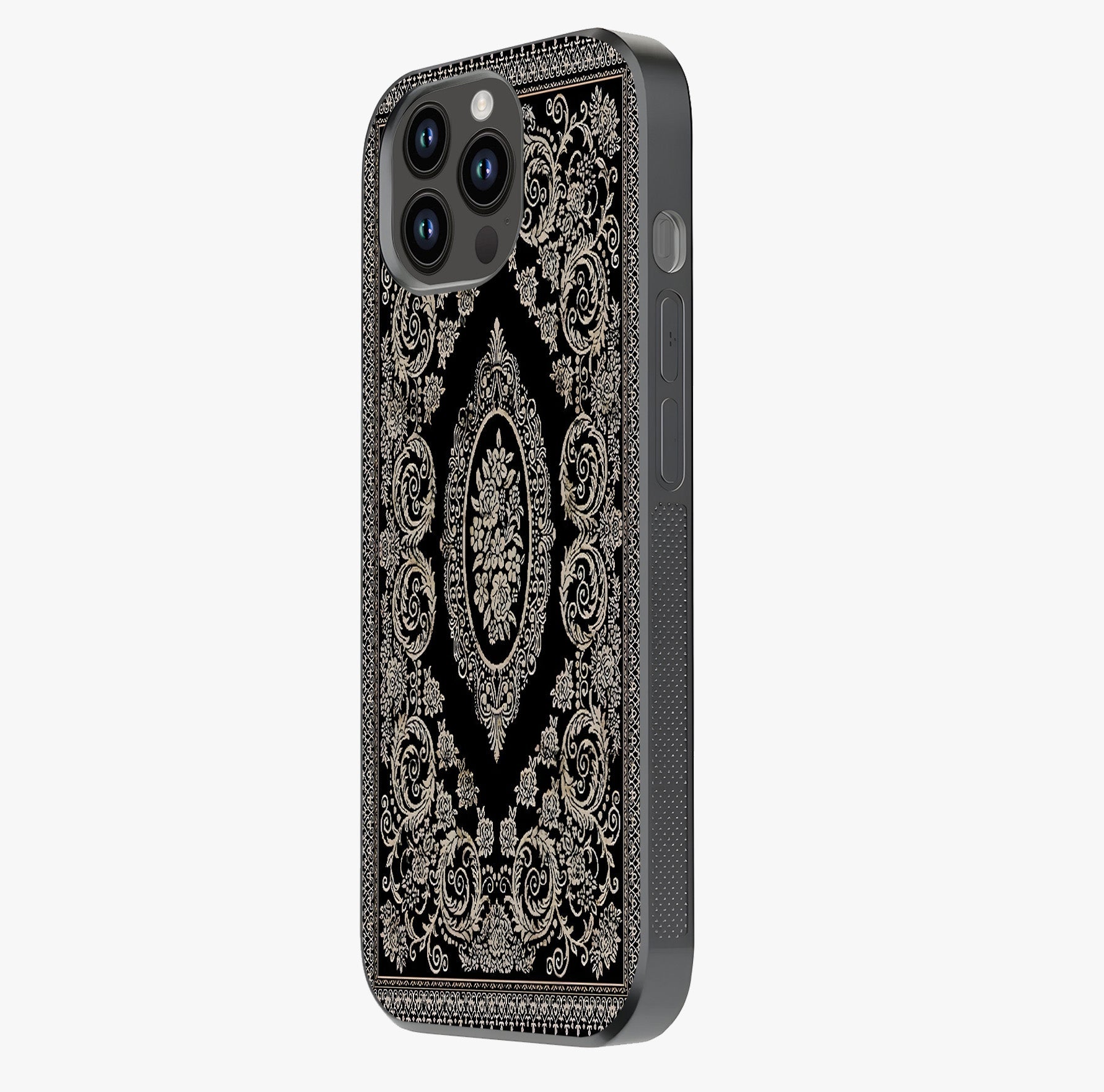 Noir Bloom Elegance Glass Case photographed in natural light showing reflective finish and design depth.