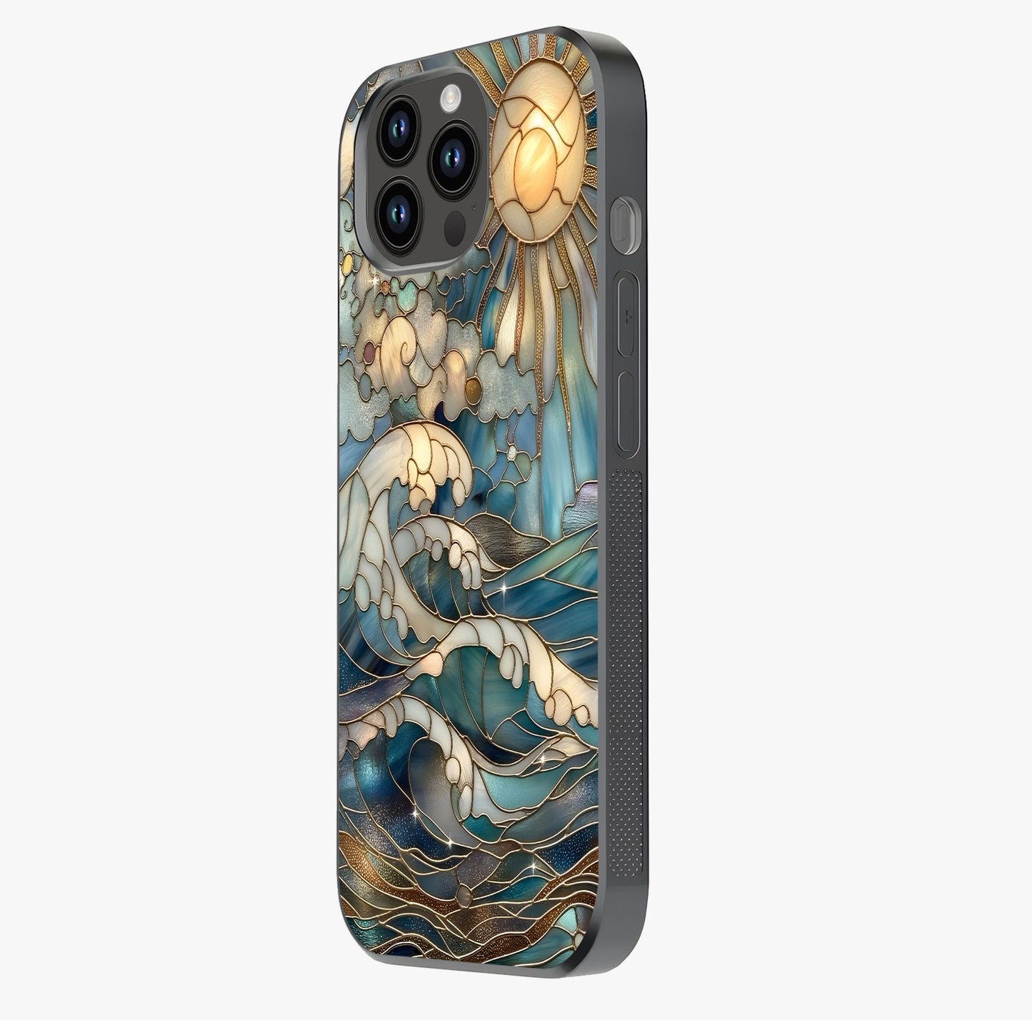 Oceanic Stained Printed Glass Case photographed in natural light showing reflective finish and design depth.
