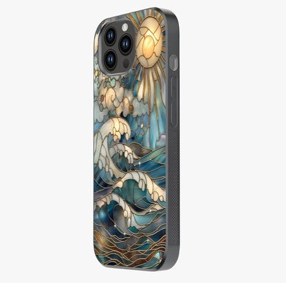 Oceanic Stained Printed Glass Case photographed in natural light showing reflective finish and design depth.