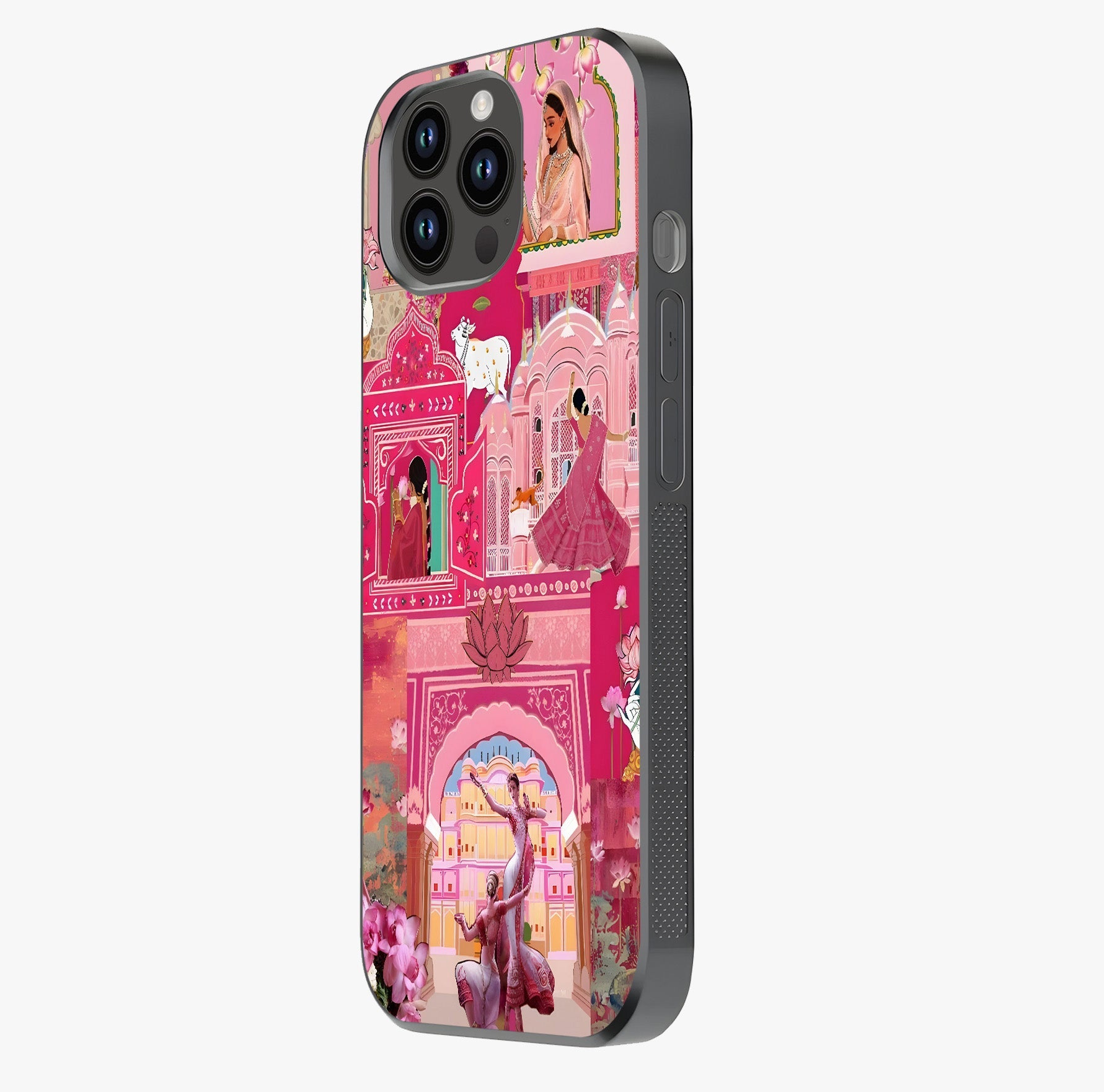 Pink Palace Muse Glass Case photographed in natural light showing reflective finish and design depth.