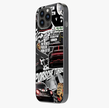 Porsche Racing Collage Glass Case photographed in natural light showing reflective finish and design depth.