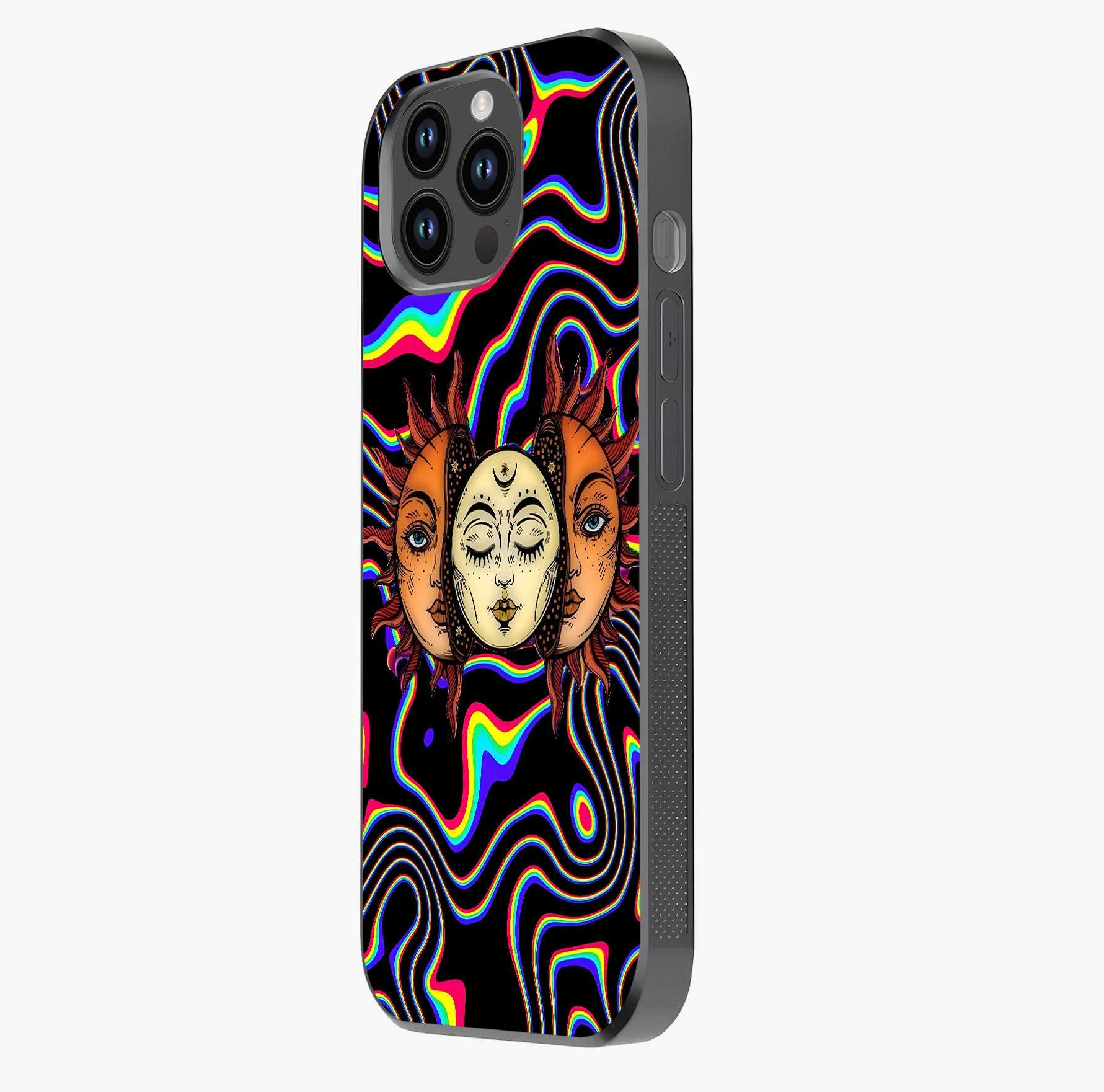 Psychedelic Sun Glass Case photographed in natural light showing reflective finish and design depth.