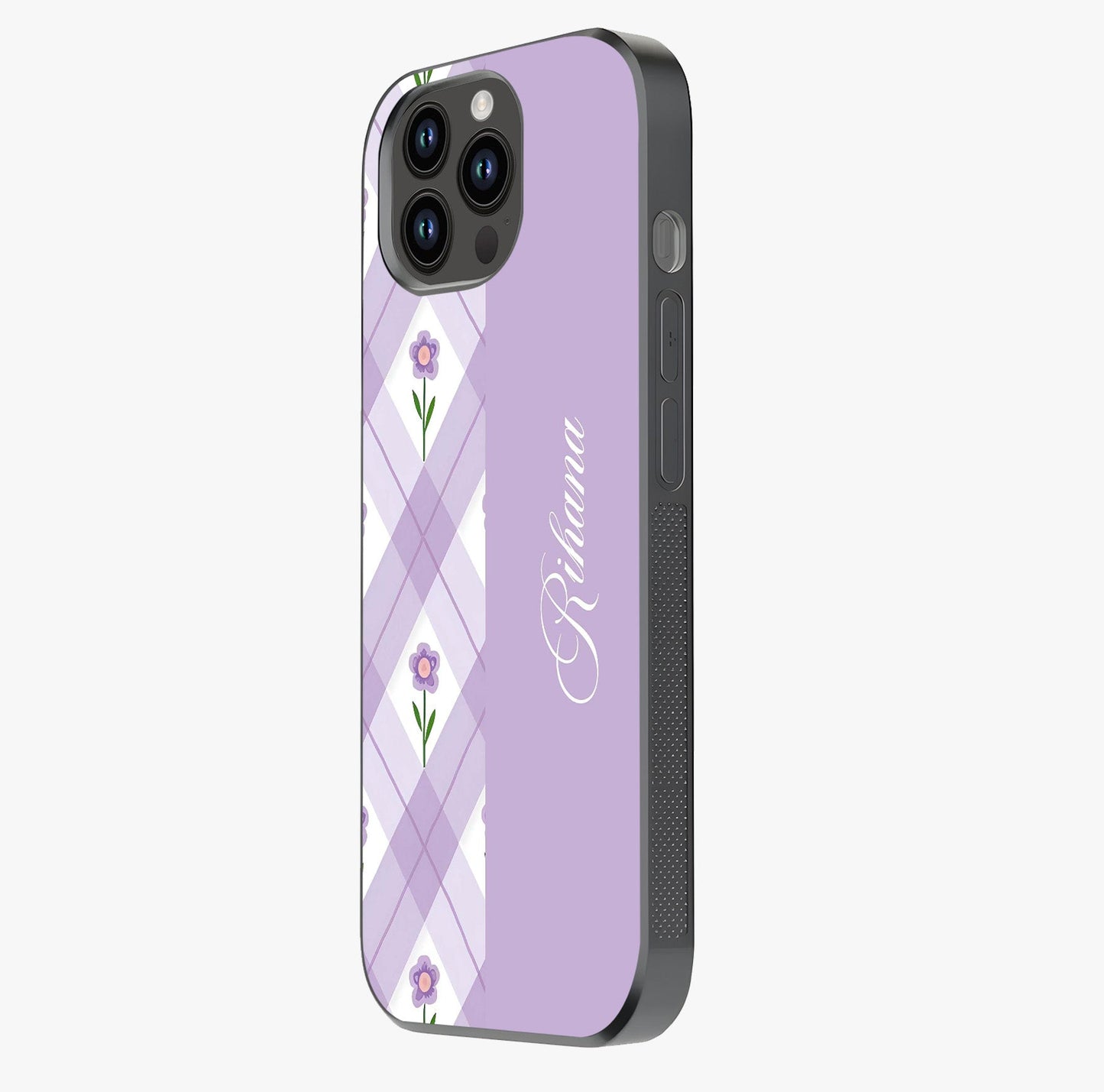 Purple Diamond Floral Glass Case photographed in natural light showing reflective finish and design depth.