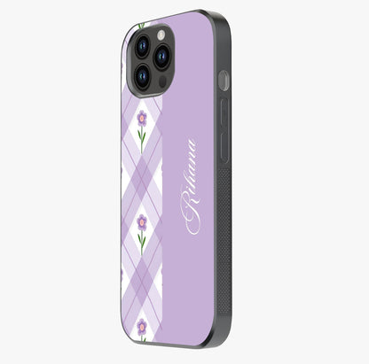 Purple Diamond Floral Glass Case photographed in natural light showing reflective finish and design depth.