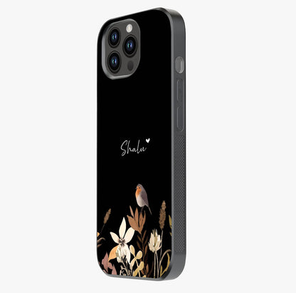 Quiet Garden Tune Custom Name Glass Case photographed in natural light showing reflective finish and design depth.