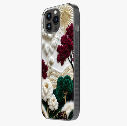 Radiant Bloom Elegance Glass Case photographed in natural light showing reflective finish and design depth.
