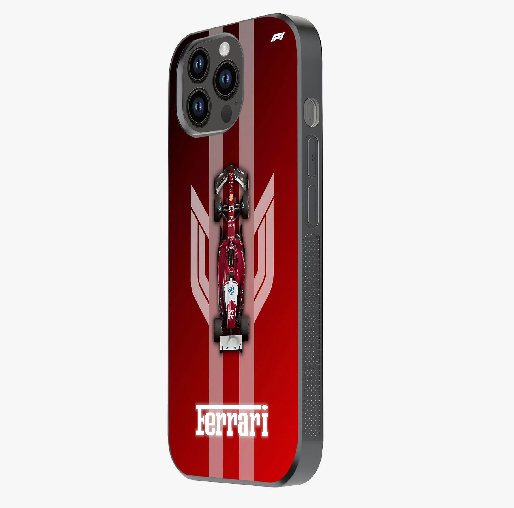 Red Ferrari F1 Vertical Glass Case photographed in natural light showing reflective finish and design depth.