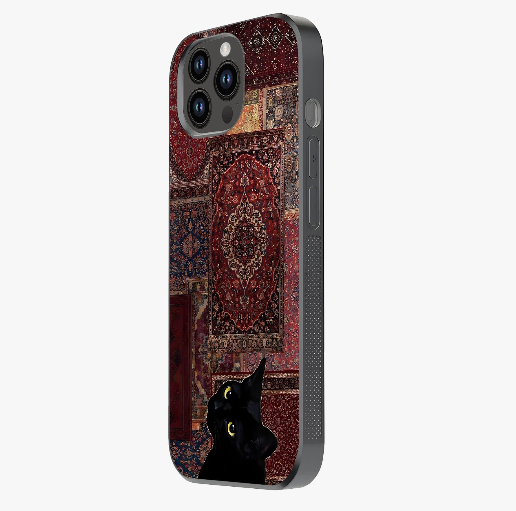Regal Magic Cat Apple Glass Case photographed in natural light showing reflective finish and design depth.