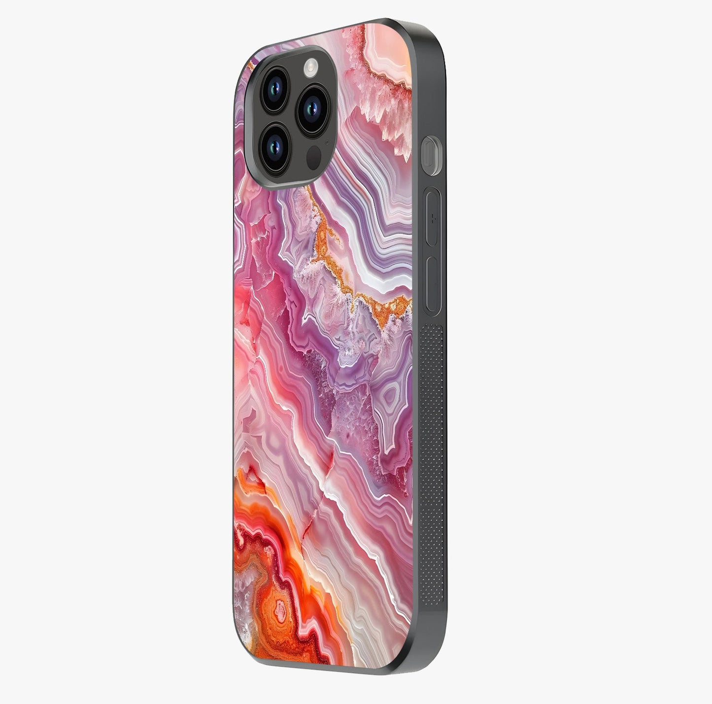 Rose Quartz Marble Glass Case photographed in natural light showing reflective finish and design depth.