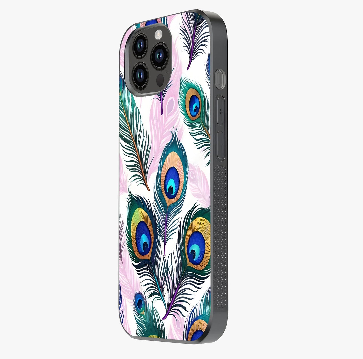 Royal Peacock Feathers Glass Case photographed in natural light showing reflective finish and design depth.