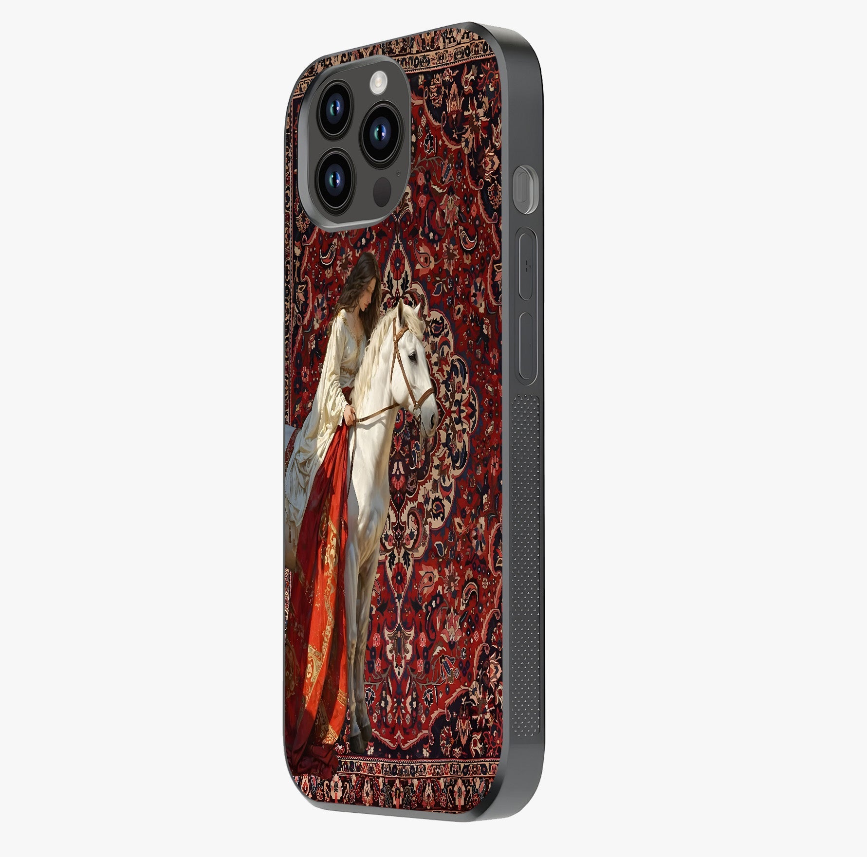 Royal Rider Tapestry Glass Case photographed in natural light showing reflective finish and design depth.